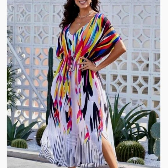 Winlar Abstract Satin Caftan Maxi Dress OS Resort Cruise Lounge Beach Coverup - Picture 1 of 8